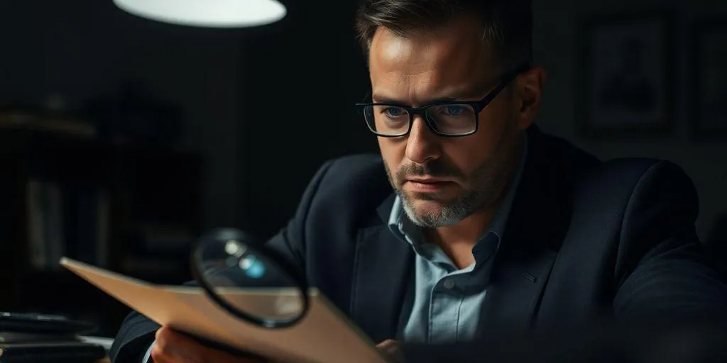 Private nvestigator examining files in a dim office