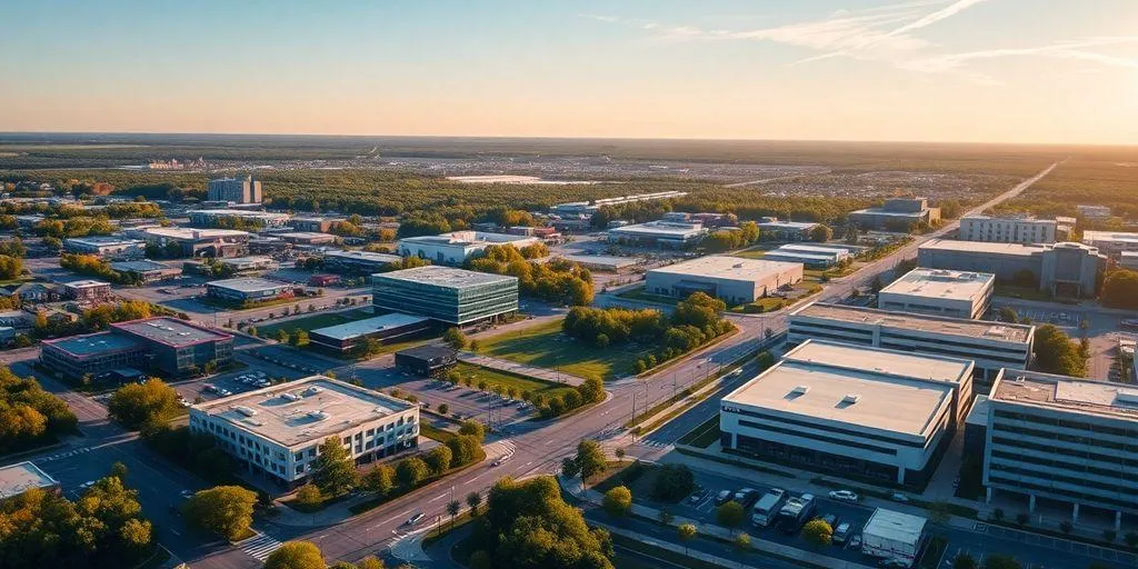 Vue aérienne de Laval avec des propriétés commerciaux et industrielles