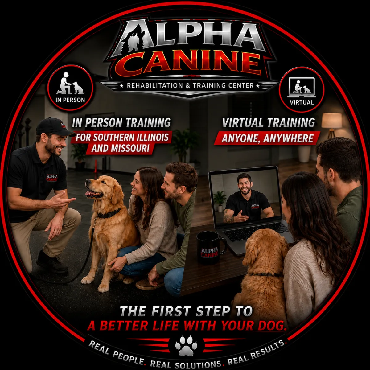 Calm, confident dog with owner during training session