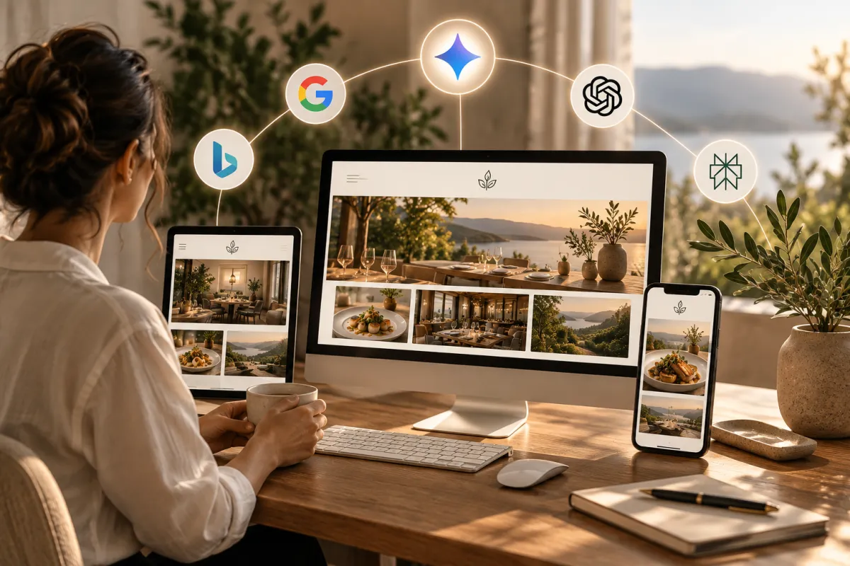 A boutique hotel front desk with a laptop open to the property's Google Business Profile