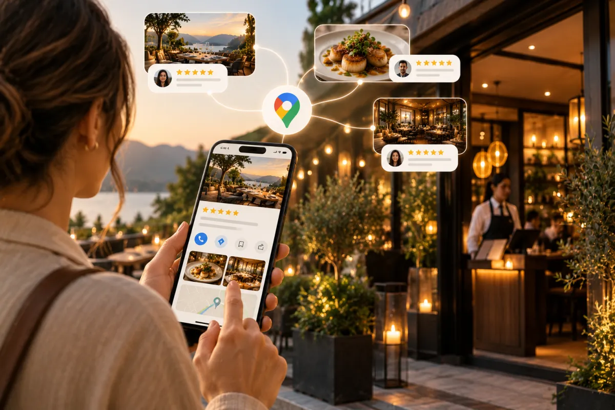 A woman checking a restaurant's Google Business Profile, photos and reviews on her phone outside at sunset