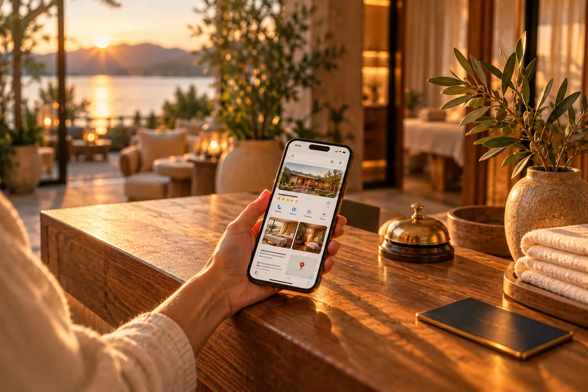 A guest's hand holding a phone at a sunlit boutique spa reception desk beside a brass bell, folded linen towels and an olive branch