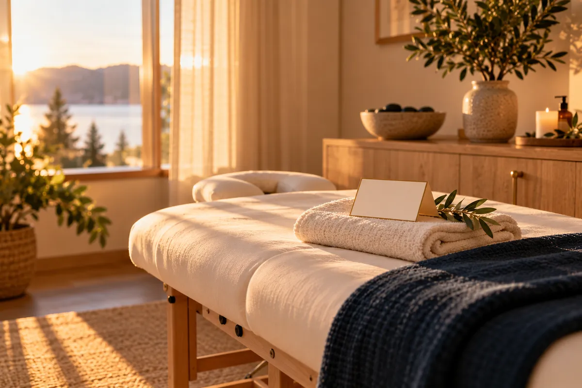 A calm wellness clinic treatment room at golden hour, with a folded cream towel and a blank welcome card on the treatment table, a navy wool blanket at its foot and a potted olive tree by the window