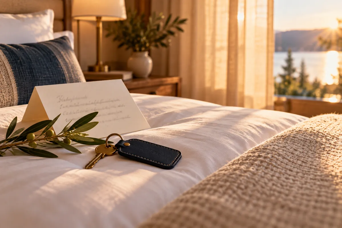 A handwritten guest thank-you card and a brass room key on a navy leather tag, resting on crisp white bedding in a sunlit lakeside boutique hotel room, with an olive sprig beside them