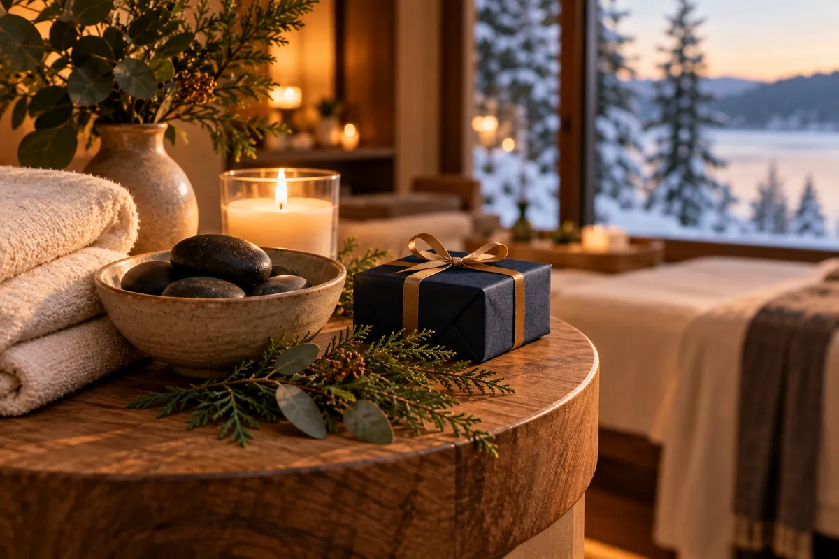 An autumn harvest dinner table on a boutique restaurant terrace at golden hour, with candles, navy menu cards and a vineyard behind
