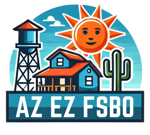 Logo for AZ Offer Guy featuring a stylized desert scene with a blue house, a cactus, and a water tower. A large, smiling sun with orange rays shines above. The background has blue stripes and white clouds. The text 'AZ OFFER GUY' is displayed in bold white letters on a dark blue banner below the illustration