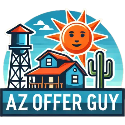 Logo for AZ Offer Guy featuring a stylized desert scene with a blue house, a cactus, and a water tower. A large, smiling sun with orange rays shines above. The background has blue stripes and white clouds. The text 'AZ OFFER GUY' is displayed in bold white letters on a dark blue banner below the illustration