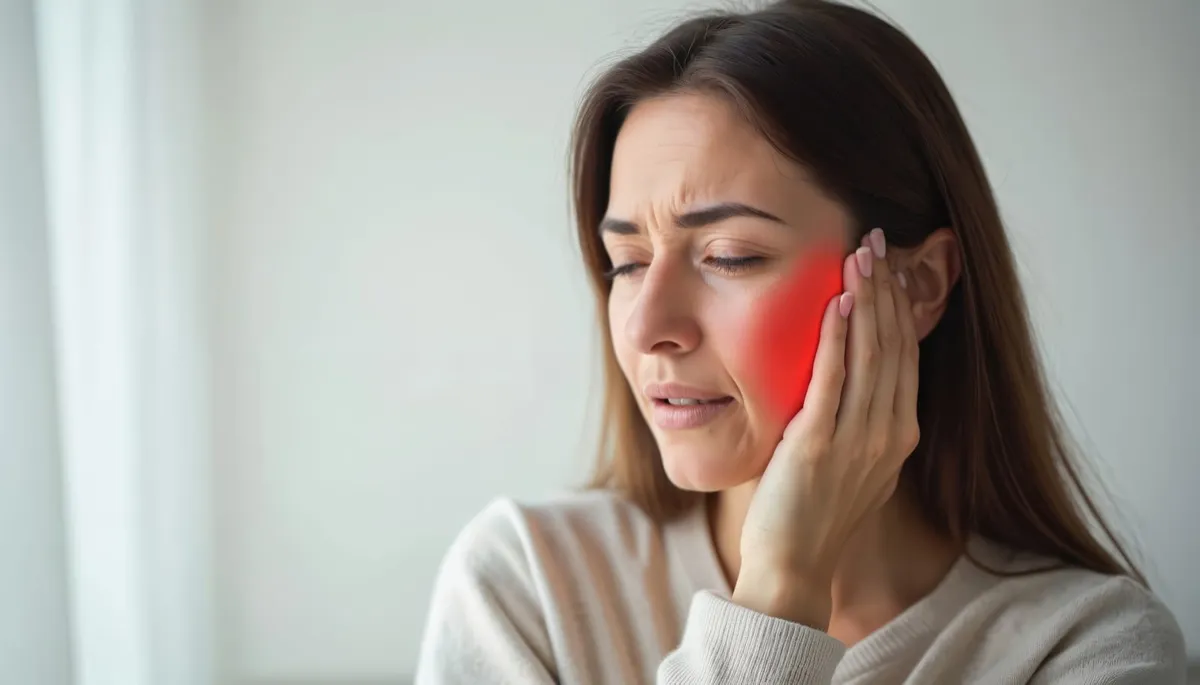Woman holding her jaw because of jaw discomfort