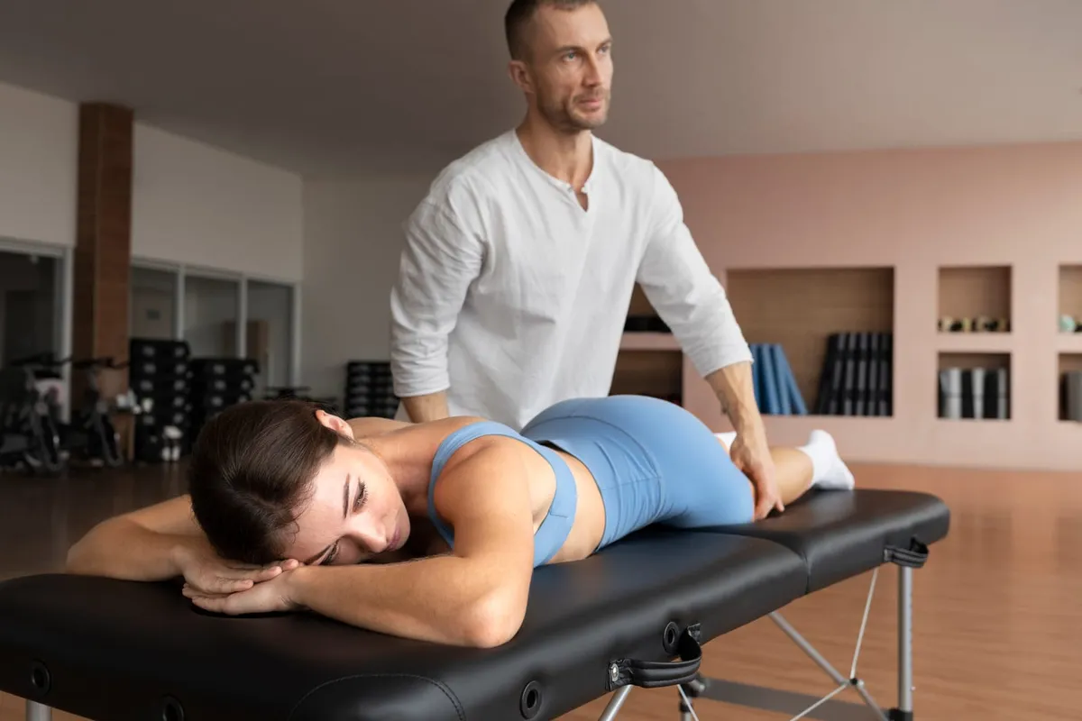 Chiropractor examining a patient's lower back on a treatment table