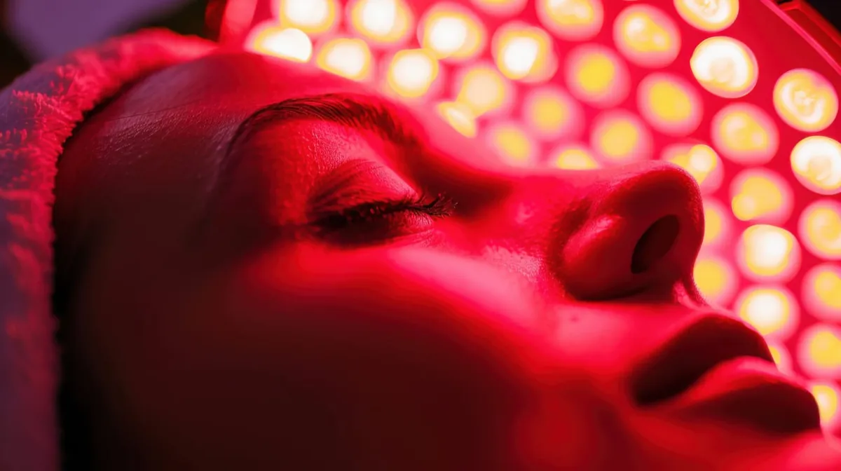 Close-up of a woman's face under red light therapy lamps