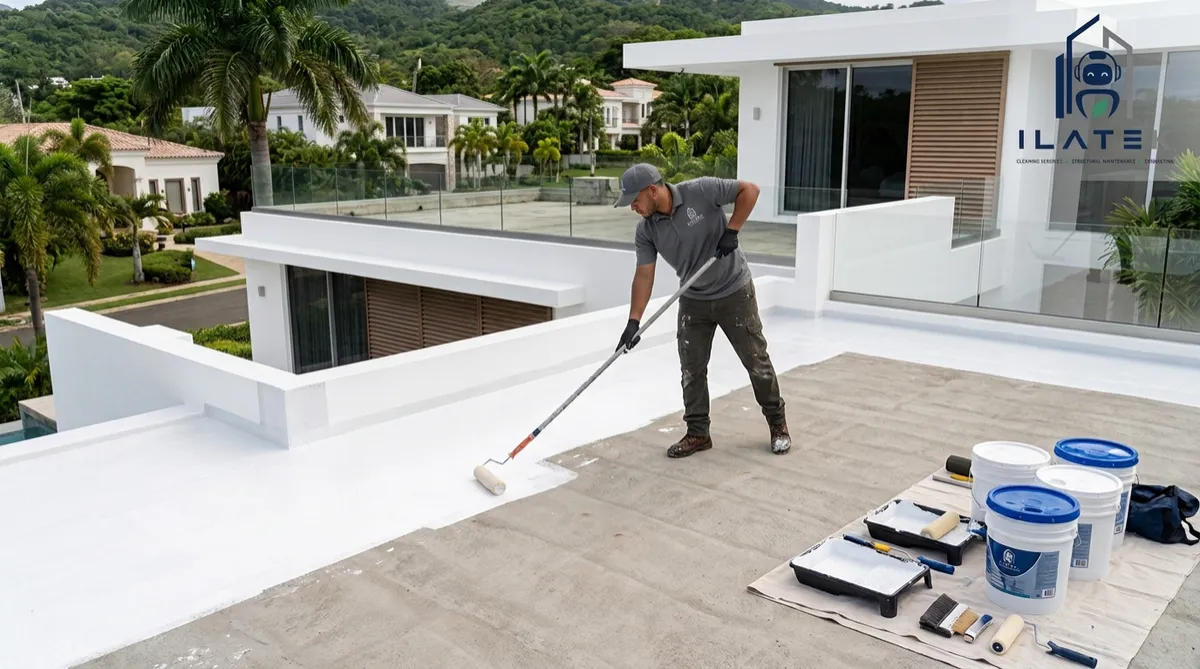 Aplicación de sellador acrílico en techo por Ilatek Techos en Puerto Rico