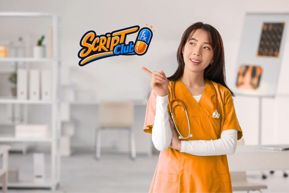 User searching medications on a smartphone with ScriptClub search UI in a modern kitchen background.