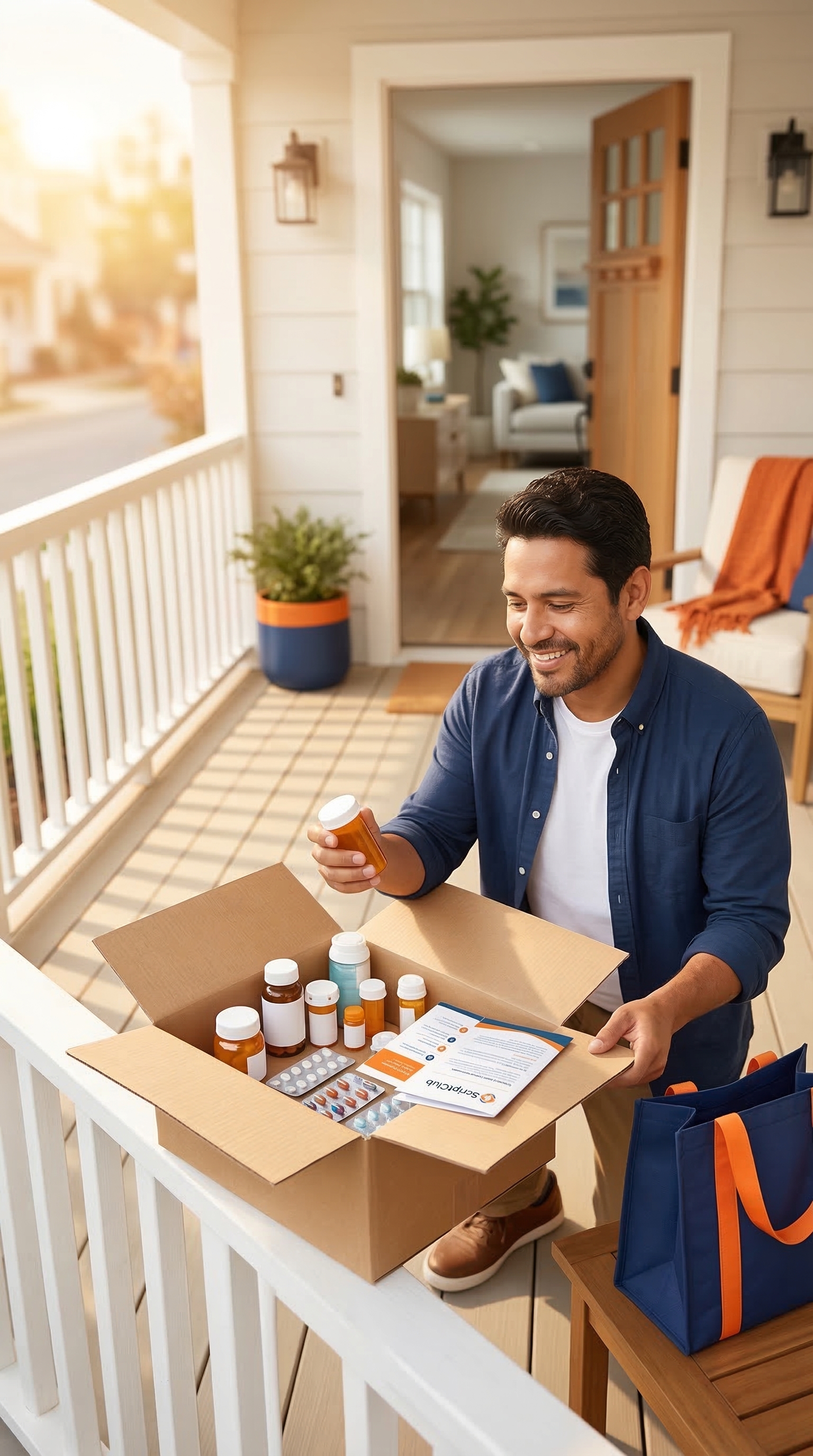 Smiling pharmacist placing a ScriptClub package into a pickup locker.
