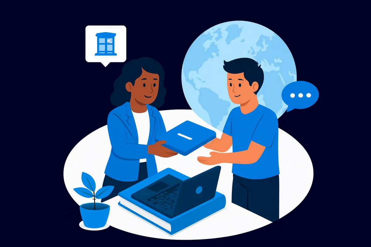 Animate woman handing over DFY file