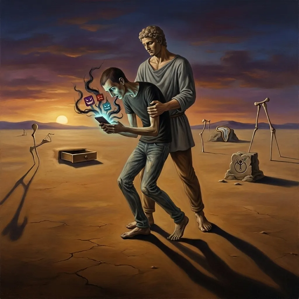 Surrealist depictions of a gambling addict being held up and protected by a accountability partner 
