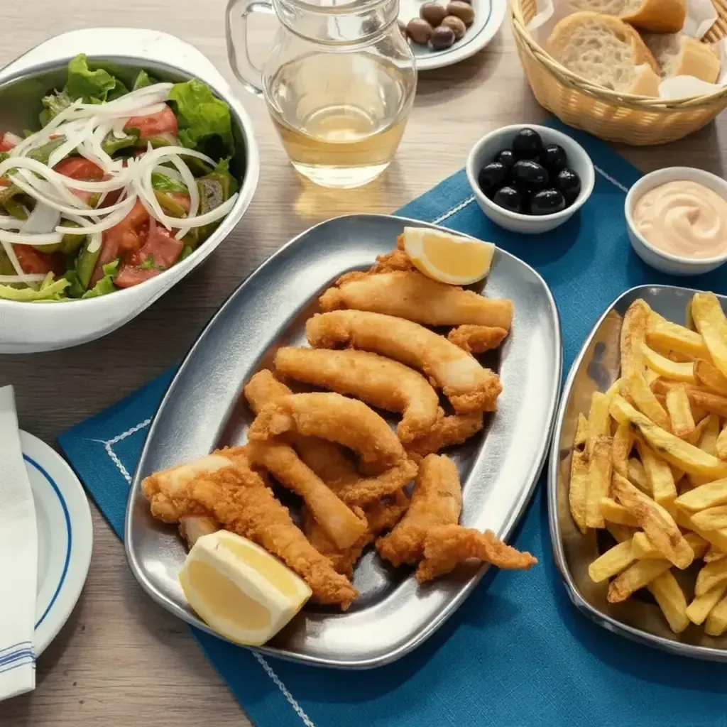 Choco frito tradicional de Setúbal servido com batata frita e salada fresca na Tasca da Fatinha, Avenida José Mourinho