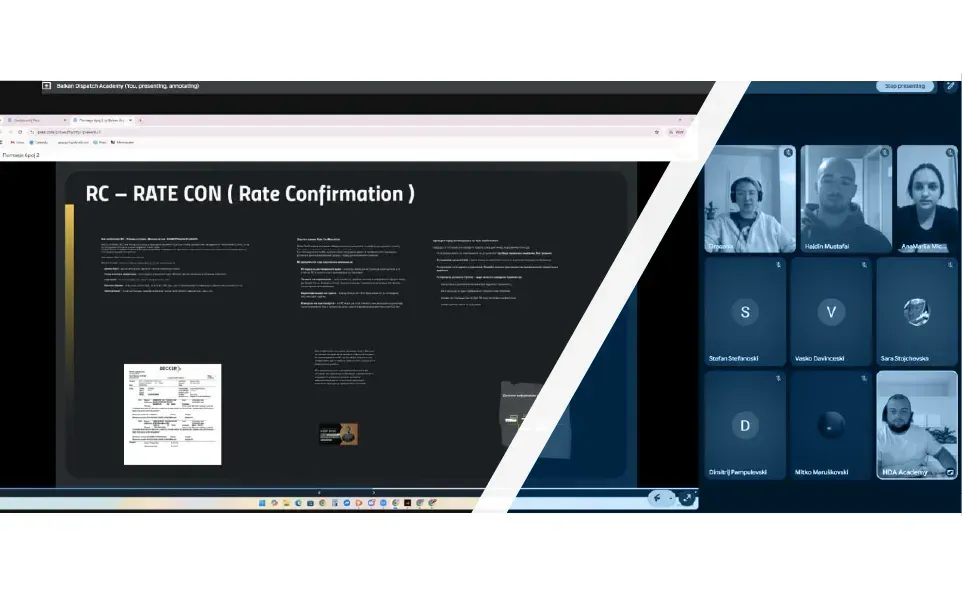 Online dispatch training session showing rate confirmation (Rate Con) document presentation alongside live student video call participants