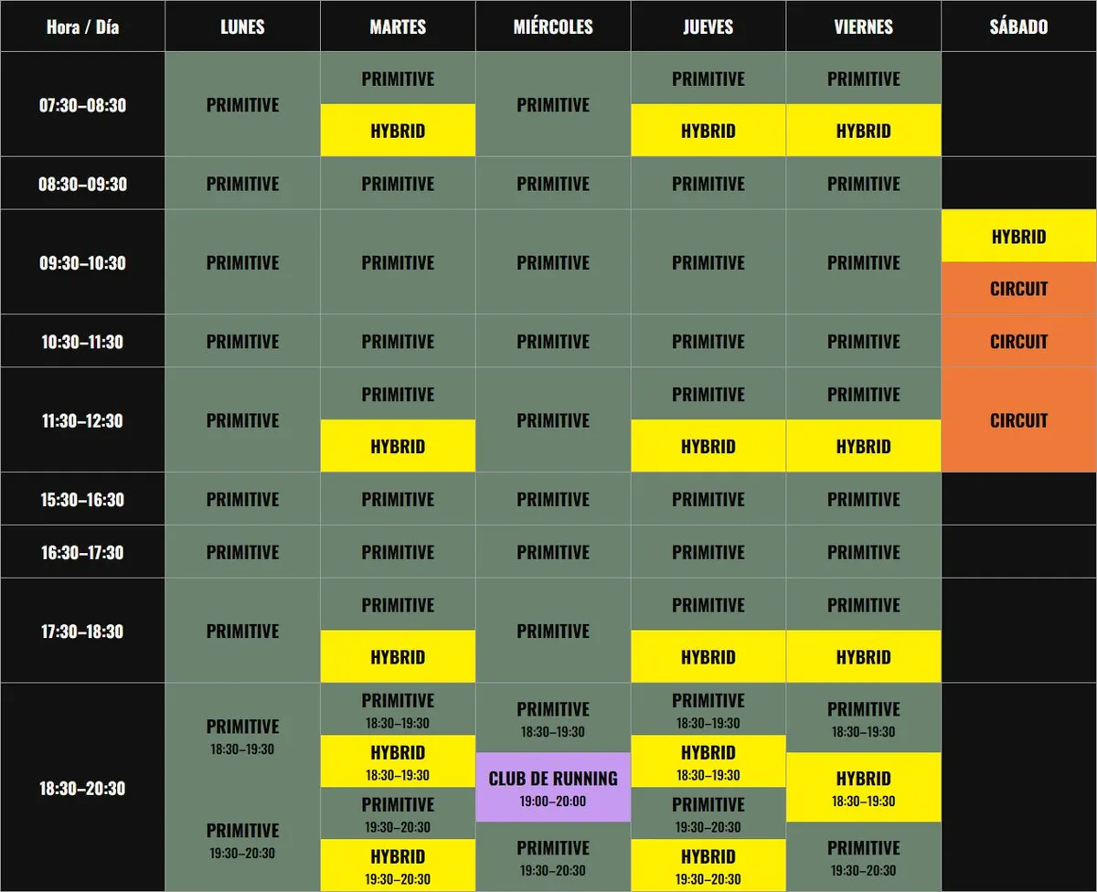 Horario semanal de Monkey Pull Campanar: Primitive, Hybrid, Circuit y Club de Running