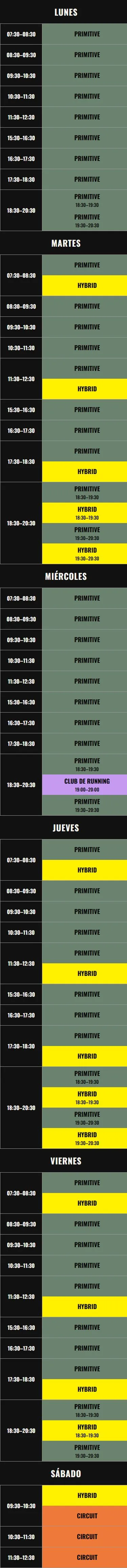Horario semanal de Monkey Pull Campanar: Primitive, Hybrid, Circuit y Club de Running