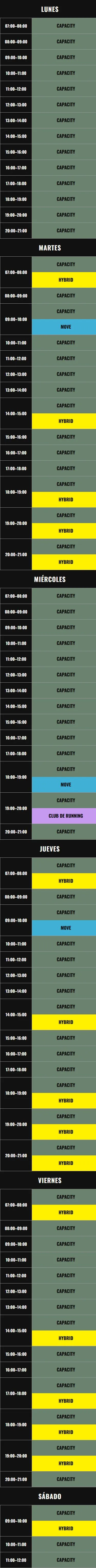 Horario semanal de Monkey Pull Botànic: Capacity, Hybrid, Move y Club de Running