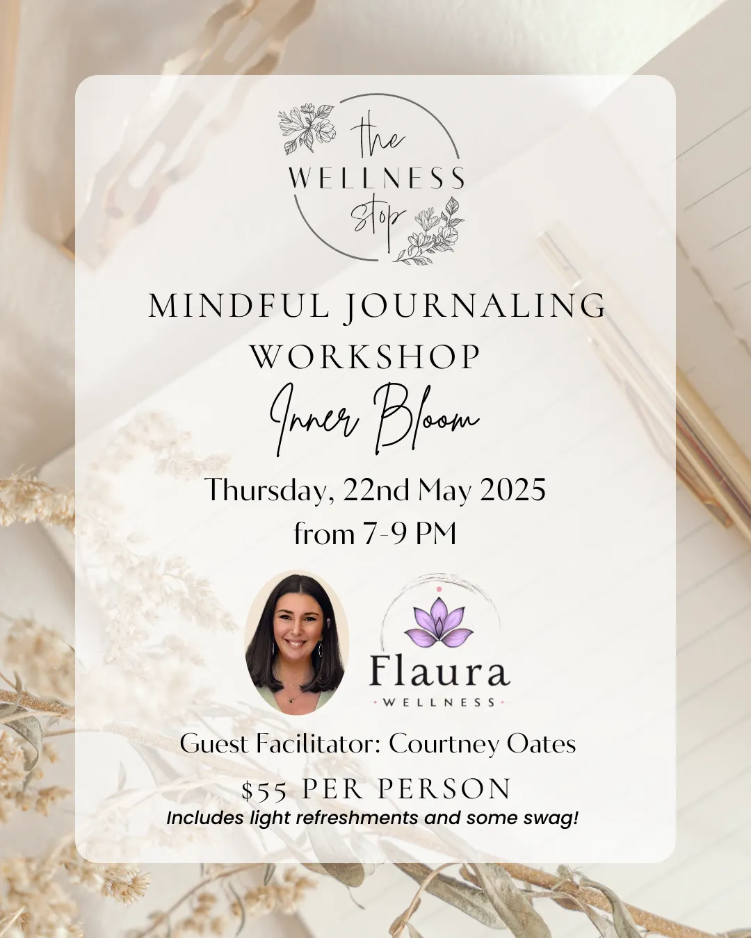 Journaling and Meditation Event in Port Jefferson on May 22nd 2025 at The Wellness Stop with Courtney Finkbeiner, founder of Flaura Wellness