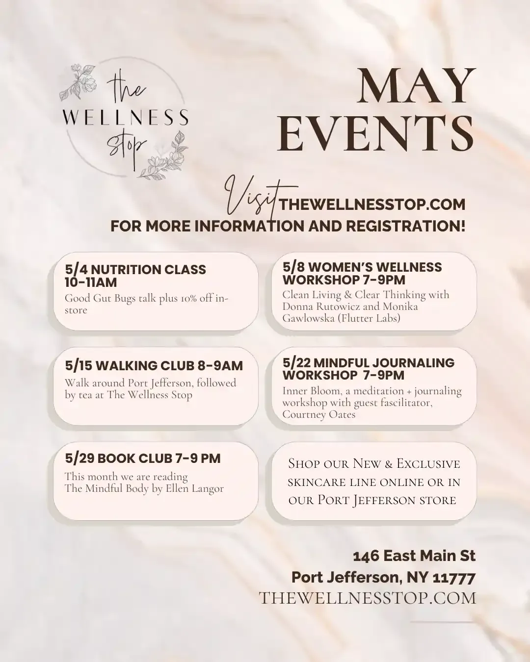 Upcoming Events at The Wellness Stop in Port Jefferson NY in May 2025