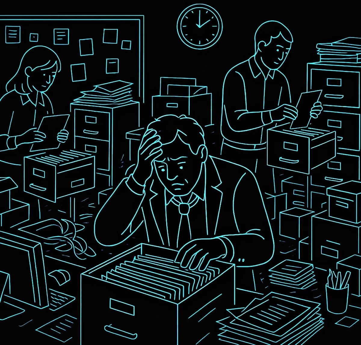 Esquema de empresario y empleados utilizando el sistema anticuado de gestionar servicio al cliente
