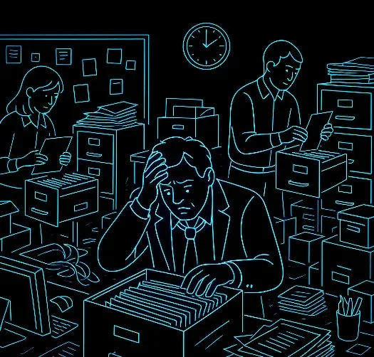 Esquema de empresario y empleados utilizando el sistema anticuado de gestionar servicio al cliente