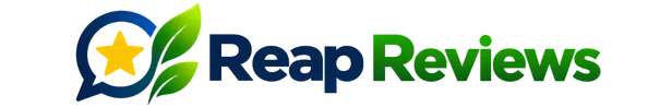 ReapReviews logo featuring an abstract green and yellow circular mark followed by the brand name in a dark sans-serif font.