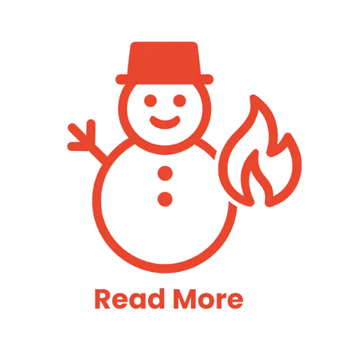 Snowman icon with a fire, symbolizing heating services, and "Read More" text below, relevant to HVAC maintenance and repair.