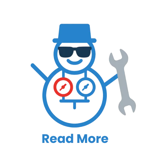 Cartoon character representing a technician with sunglasses and a wrench, symbolizing HVAC services, with "Read More" text below.