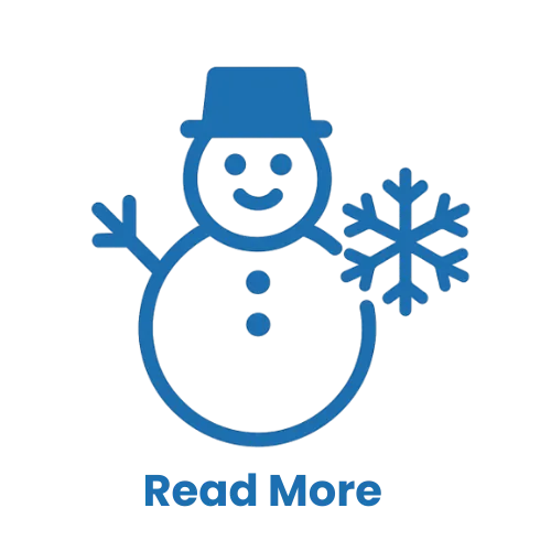 Snowman icon with a blue hat and snowflake, accompanied by "Read More" text, representing winter HVAC services and promotions from Centeno Air LLC.