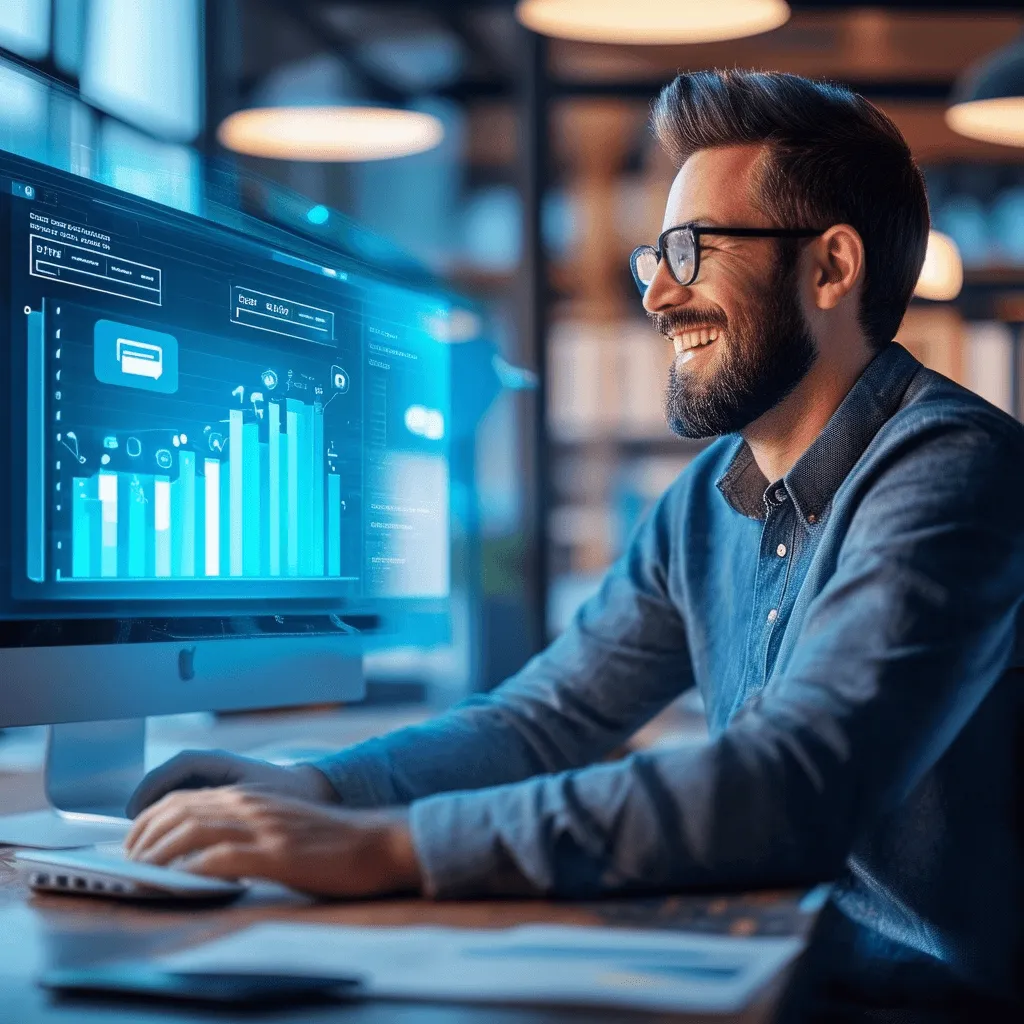 Image of smiling man in front of computer creen