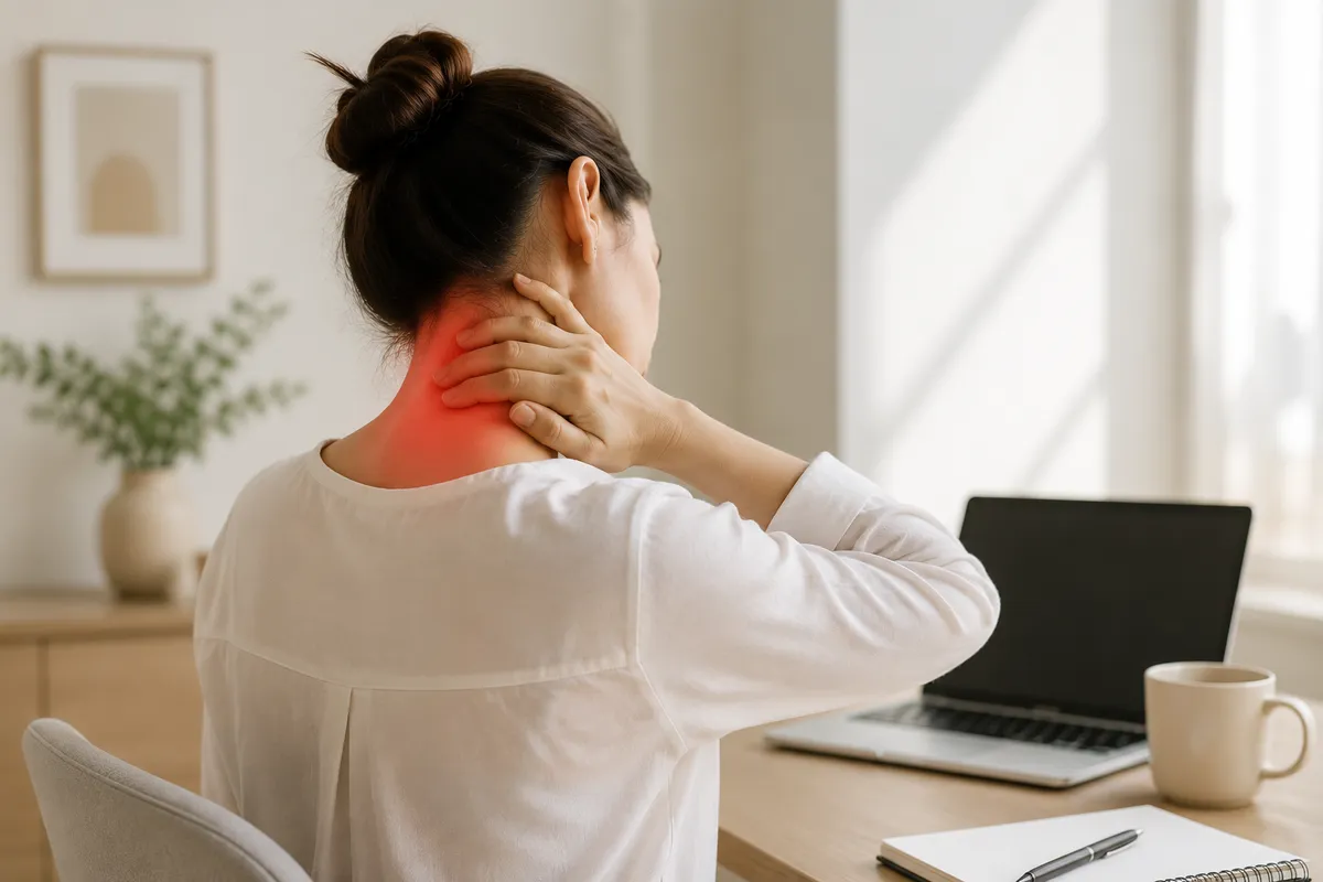 Woman experiencing neck pain while working at laptop — iCare Wellness Collective offers holistic treatment for neck strain and posture correction