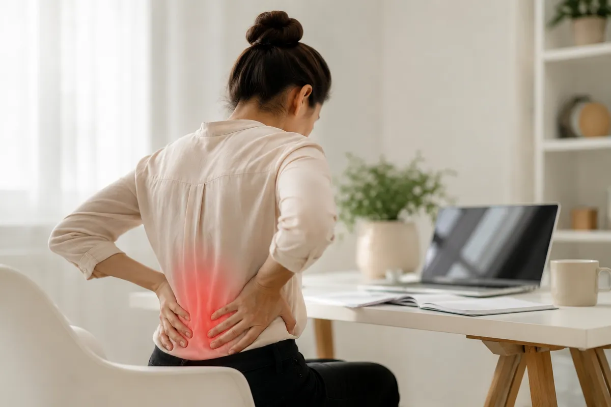 Woman experiencing neck pain while working at laptop — iCare Wellness Collective offers holistic treatment for neck strain and posture correction