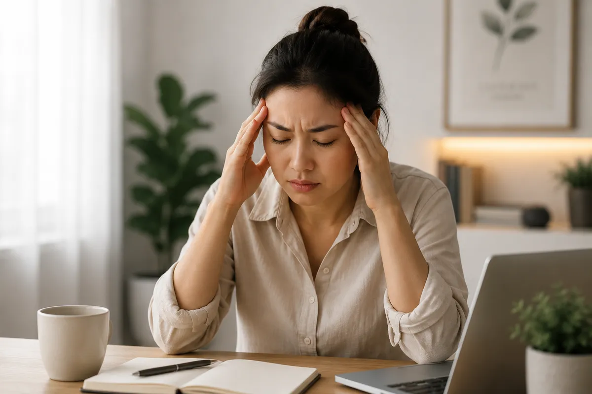 Woman experiencing neck pain while working at laptop — iCare Wellness Collective offers holistic treatment for neck strain and posture correction