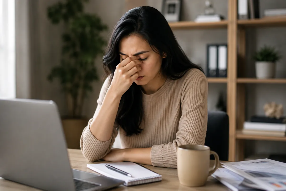 Woman experiencing neck pain while working at laptop — iCare Wellness Collective offers holistic treatment for neck strain and posture correction