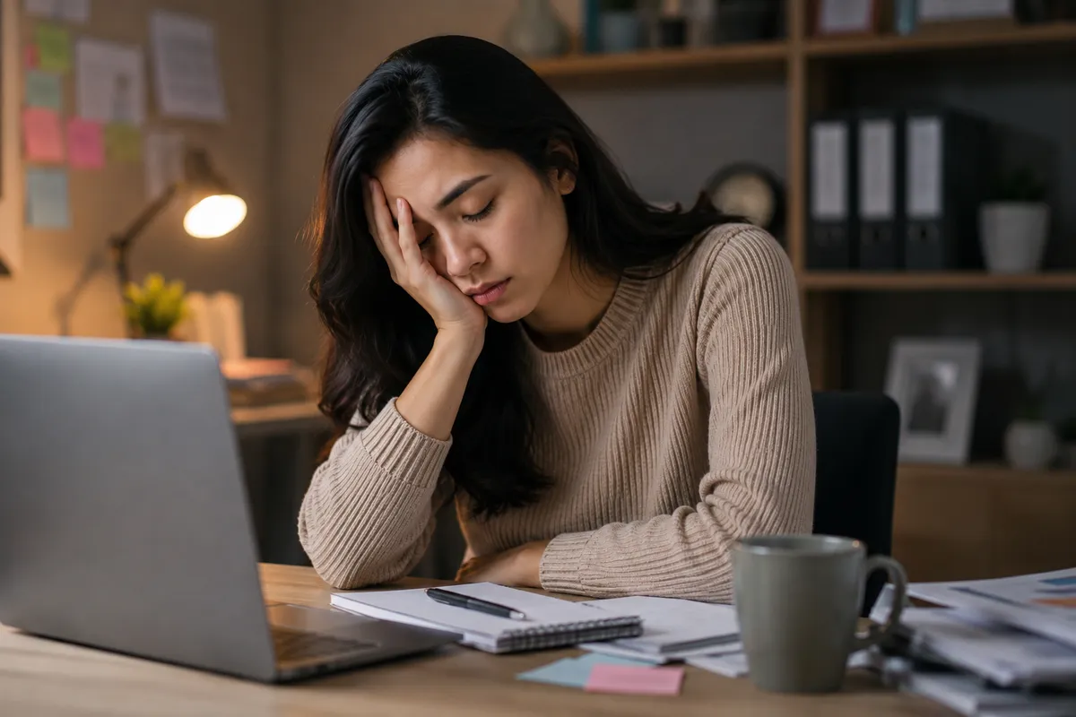 Woman experiencing neck pain while working at laptop — iCare Wellness Collective offers holistic treatment for neck strain and posture correction