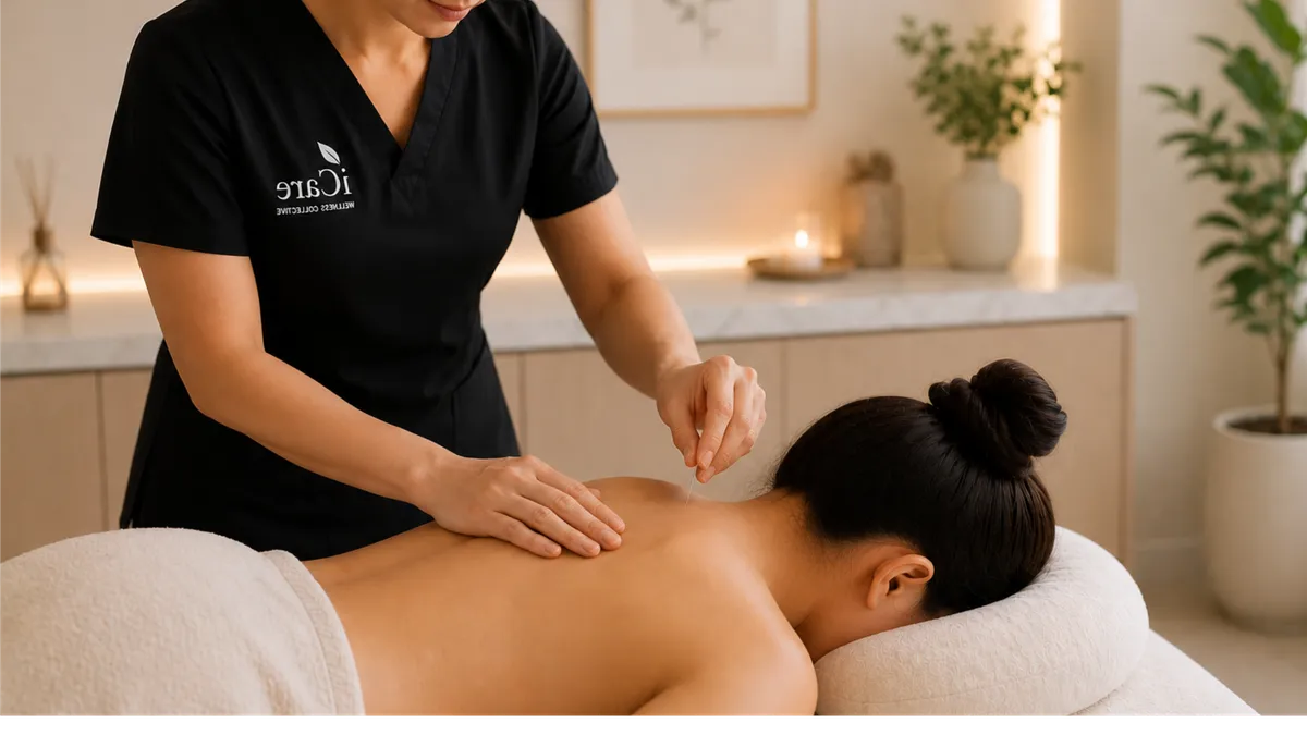 Acupuncture therapy at iCare Wellness Collective Calgary with licensed practitioner performing back treatment in calm, relaxing clinic.