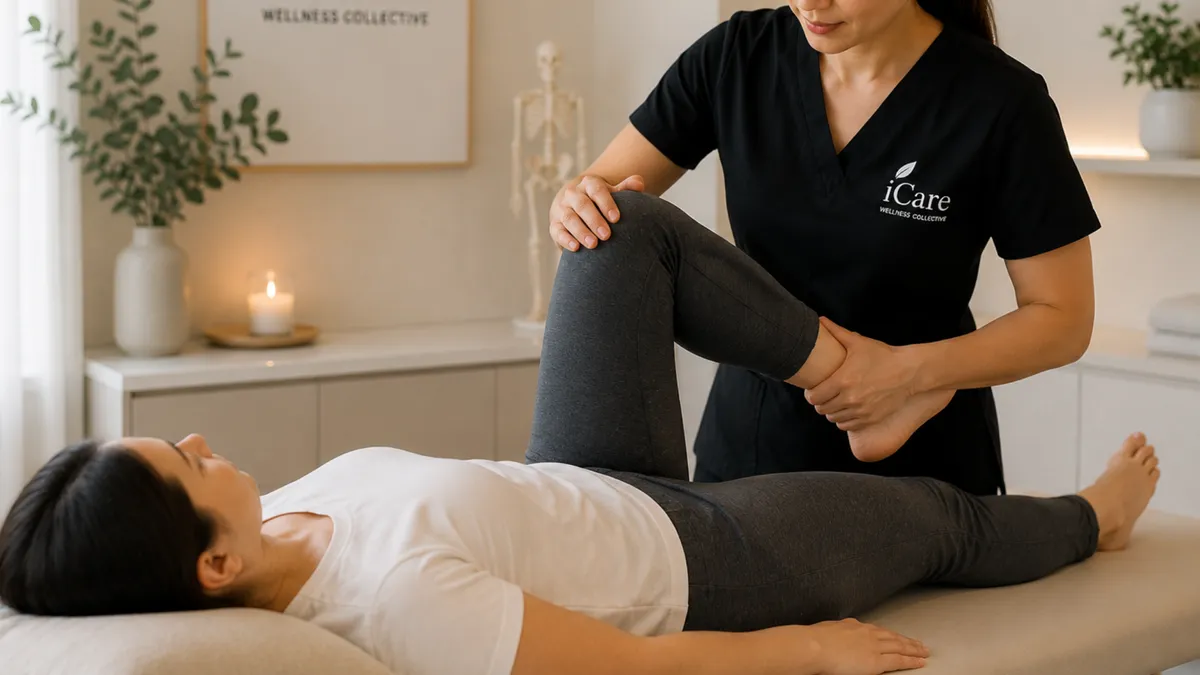 Massage therapy session at iCare Wellness Collective Calgary with therapist assisting client leg stretch in serene clinic setting.