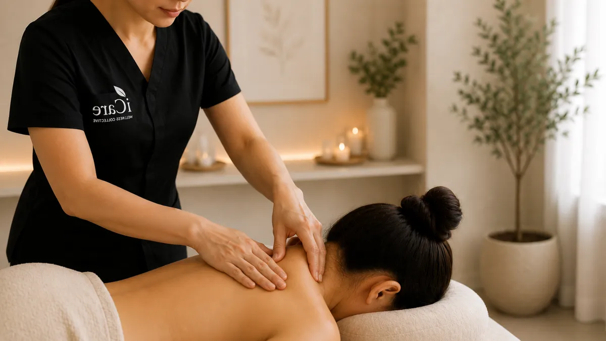 Relaxing back massage therapy at iCare Wellness Collective Calgary with professional therapist providing pain relief in serene spa setting.