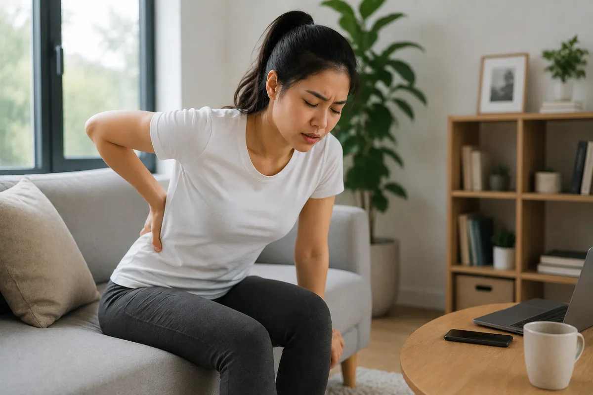 Woman experiencing neck pain while working at laptop — iCare Wellness Collective offers holistic treatment for neck strain and posture correction