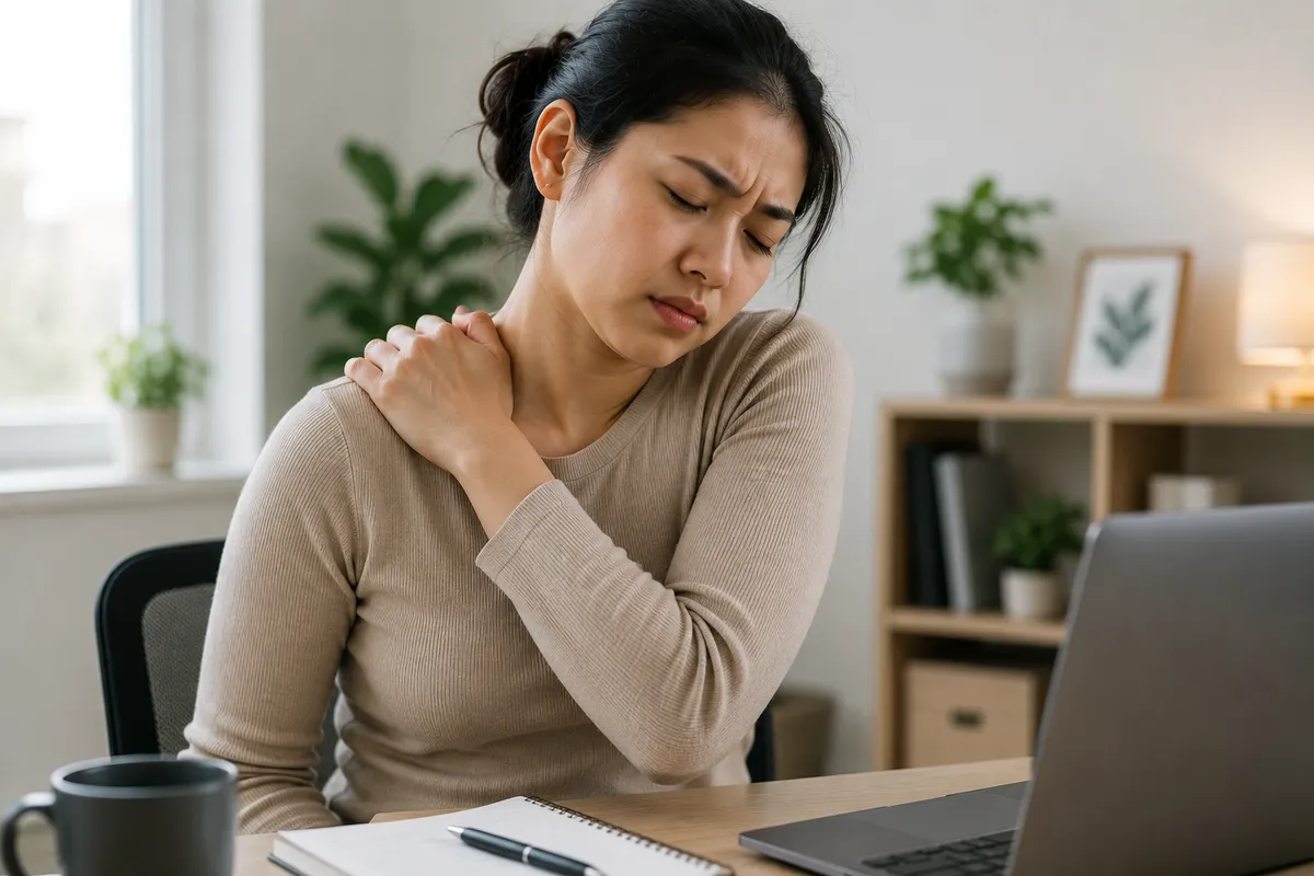 Woman experiencing neck pain while working at laptop — iCare Wellness Collective offers holistic treatment for neck strain and posture correction