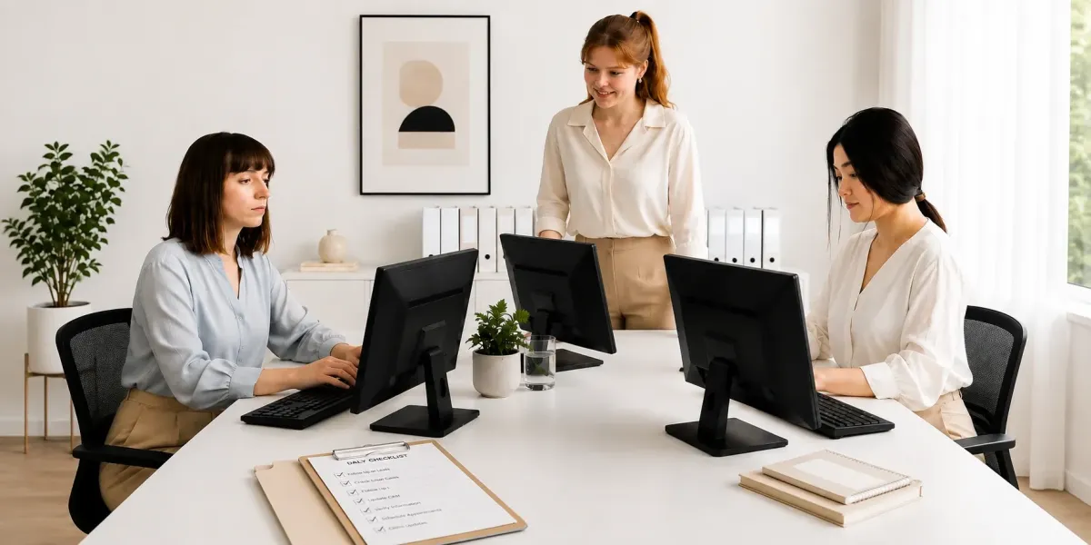 "Lotus Dreams dedicated back-office team at their workstations"