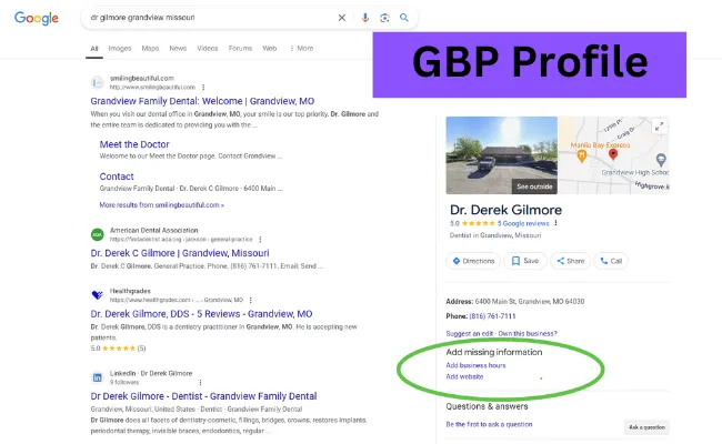 Example of GBP (Google Business Profile) for a dental business