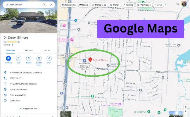 Google maps example for a dentist's office