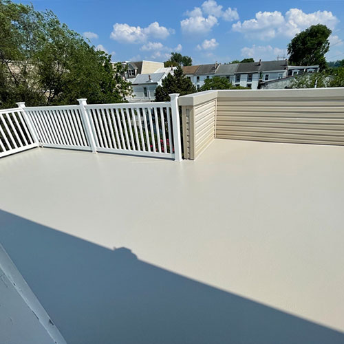 Fiberglass roof deck with gel coat paint and white railing, Alpha & Omega Fiberglass repair.