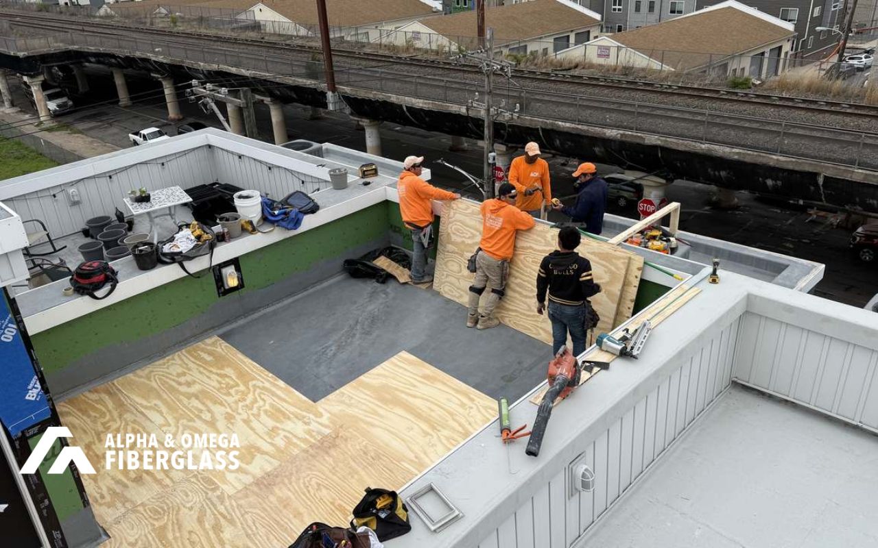 deck waterproofing drainage slope check on outdoor fiberglass deck