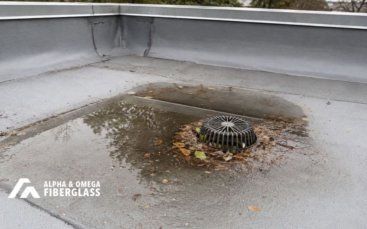 Fiberglass roof drainage inspection on a flat roof drain