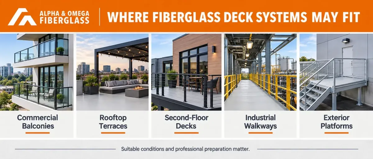 Commercial fiberglass deck applications for balconies, rooftop terraces, second-floor decks, industrial walkways, and exterior platforms. 